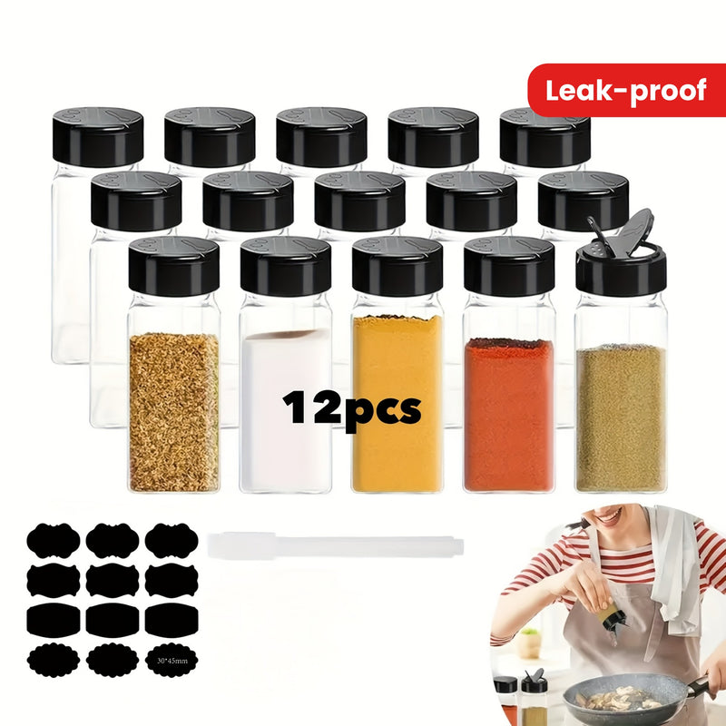 Juego de 12 frascos de especias de plástico cuadrados con tapas de ala de gaviota negras, incluye 1 bolígrafo de papel y 12 etiquetas, contenedores rectangulares a prueba de fugas, reutilizables, lavables a mano para la organización de especias de cocina