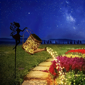 1 regadera solar con luces LED de hadas, decoración metálica para exteriores, ideal para jardín, césped o fiestas, regalo perfecto para mamá, vecinos y amigos