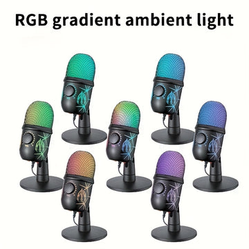 Micrófono de condensador USB universal para computadora, con base, iluminación RGB, reducción de ruido, chip avanzado, plug and play, ideal para juegos, canto, transmisiones en vivo, videoconferencias y podcasting