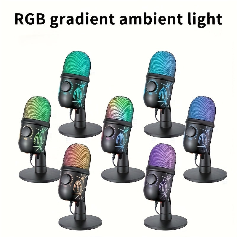 Micrófono de condensador USB universal para computadora, con base, iluminación RGB, reducción de ruido, chip avanzado, plug and play, ideal para juegos, canto, transmisiones en vivo, videoconferencias y podcasting