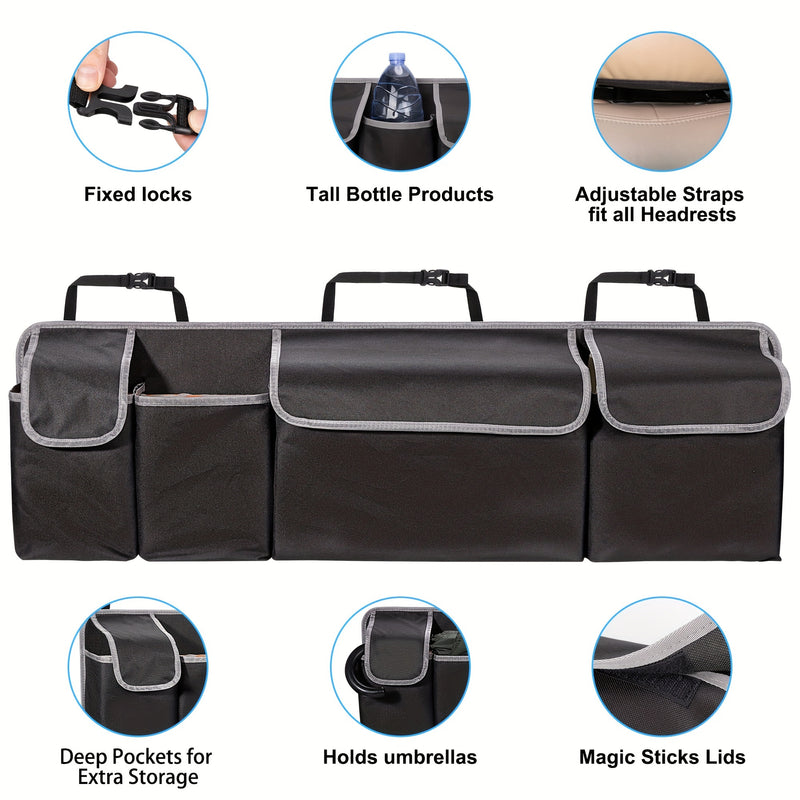 Organizador de maletero de coche con 4 bolsillos y 3 tapas separadas - Accesorios de carga plegables, material duradero de poliamida, almacenamiento multi-cámara para asiento trasero y maletero, organización de vehículos, cierre de cremallera seguro