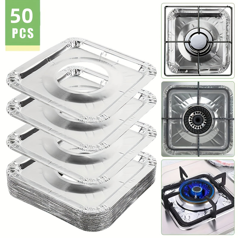50 unidades de cubiertas de quemadores de estufa de gas desechables de alta resistencia - Protectores cuadrados de papel de aluminio para mantener aceite, grasa y fugas de comida alejados de las cocinas, protectores de la parte superior de la estufa