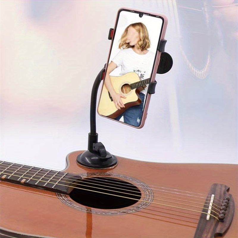 1 pieza, soporte de teléfono para guitarra giratorio de 360° con base de cuchara de succión fuerte - ABS negro, multiusos para actuaciones en vivo y video, ideal para la práctica de instrumentos y uso de escritorio, accesorio de guitarra | Soporte de tel