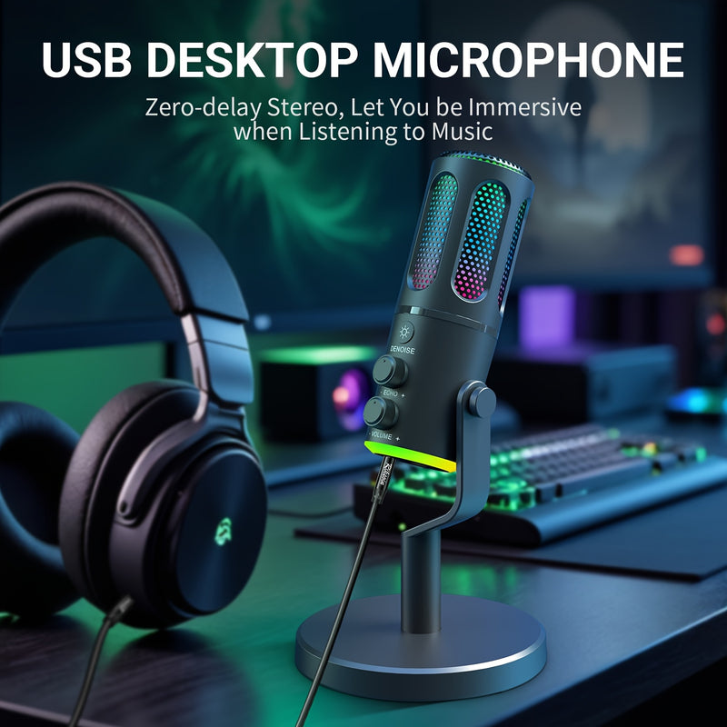 Microfono de Escritorio USB RIKSOIN con Iluminación RGB, Micrófono de Condensador para Grabación y Transmisión en Estudio Zero-Latin, Compatible con PC, Mac, PS4/5, Incluye Entrada para Auriculares, , Ideal para Podcasts, Juegos y Videollamadas, Micrófon