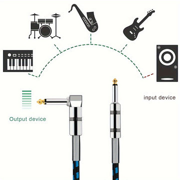 2 piezas, cables para instrumentos de guitarra de 1/4 de pulgada, conector recto a ángulo recto con resorte, cubierta de malla de algodón oscura/celeste, entrada de cable de guitarra de 6,35 mm para guitarra eléctrica, bajo, amplificador, teclado, mandol