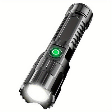Una linterna super brillante, recargable por USB, con enfoque retráctil, haz ancho, linterna de iluminación de emergencia portátil, adecuada para exteriores, exploración y iluminación de trabajo.