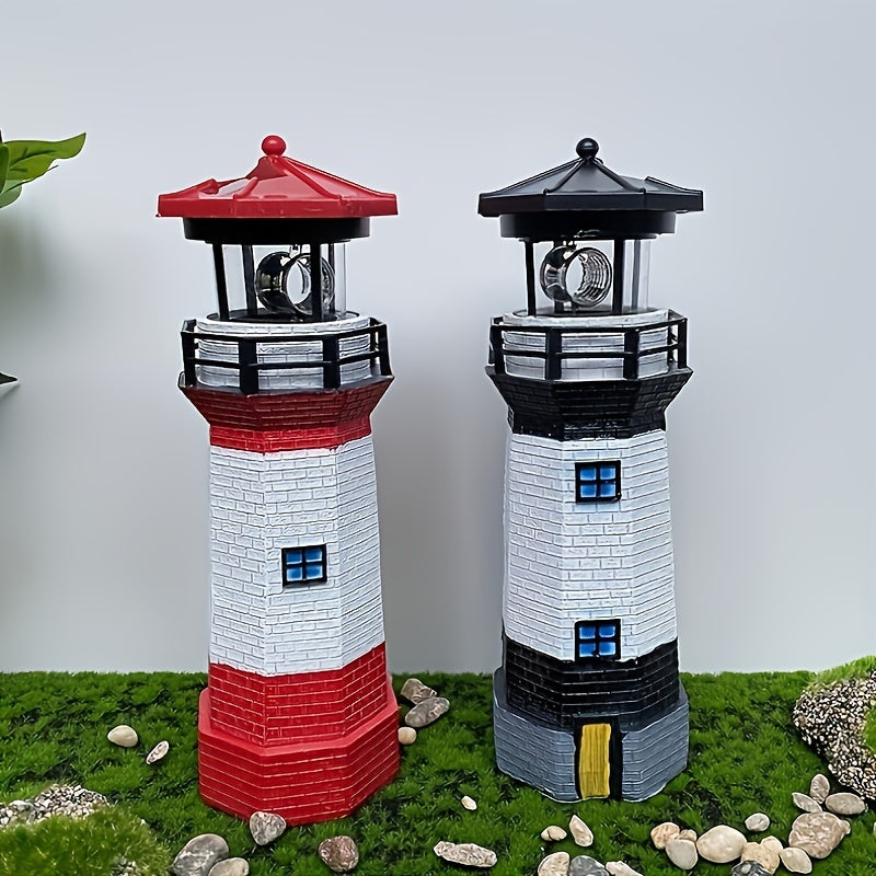 Estatua de faro LED con luz rotativa alimentada por energía solar - Diseño de rayas rojas y blancas resistente al tiempo para jardín, patio, patio y decoración de césped, adorno de césped | Característica de luz rotativa | Construcción duradera de resina