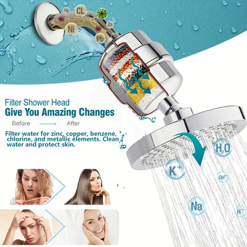 1 juego de cabezal de ducha tradicional de plástico con filtro de agua de 15 etapas, alta presión tipo lluvia, montaje en pared, elimina cloro y sustancias dañinas, forma redonda - ideal para una experiencia de baño con agua suave