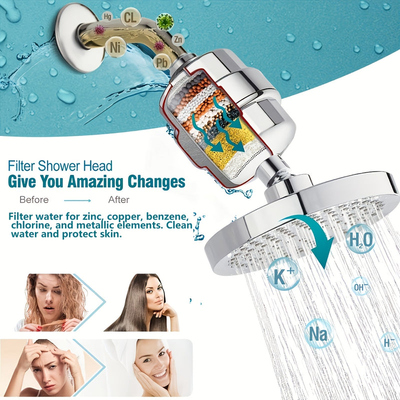 1 juego de cabezal de ducha tradicional de plástico con filtro de agua de 15 etapas, alta presión tipo lluvia, montaje en pared, elimina cloro y sustancias dañinas, forma redonda - ideal para una experiencia de baño con agua suave
