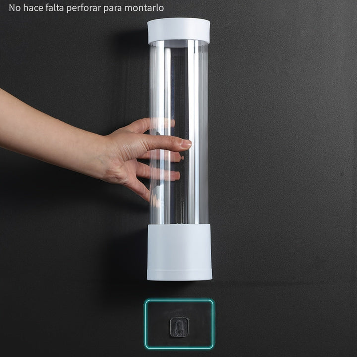 1 pieza de soporte para tazas desechables sin perforación para pared, resistente al polvo y al agua, dispensador automático de tazas, conveniente y rápido, almacenamiento de tazas desechables para hogar, oficina, hospital, suministros de baño.