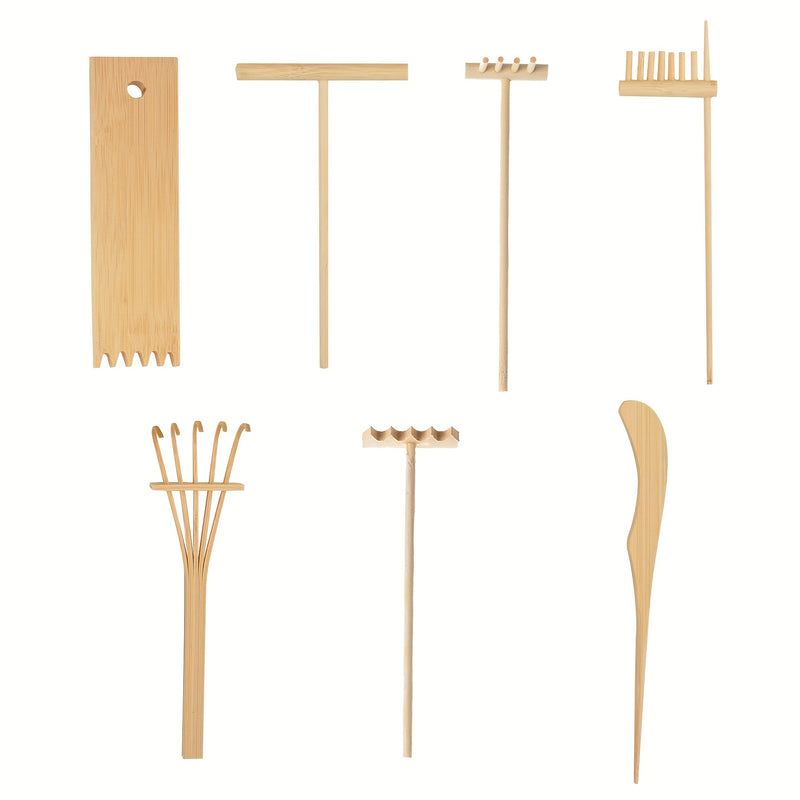 Juego de 7 Piezas de Rastrillo Mini Jardín Zen, Rastrillo de Bambú para Jardines Zen, Kit de Caja de Arena y Rocas de Escritorio, Herramientas y Accesorios Mini Jardín Zen, Accesorios para Caja de Arena Japonesa, Rastrillo de Jardinería, Ideal para Medit