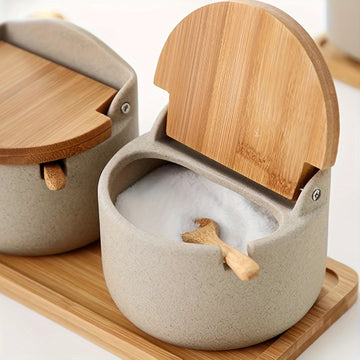 2/3 piezas/Set, Set de ollas de condimento, olla de especias de cocina, recipientes de condimento, olla de glutamato monosódico de cerámica, salero y pimentero con bandeja, recipientes de pimienta, almacenamiento de condimentos con tapa, caja de almacena