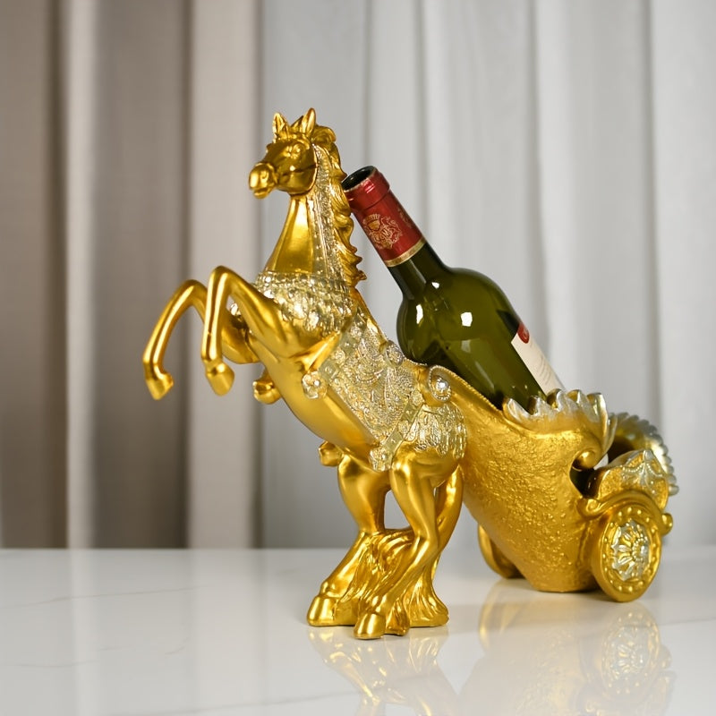 Elegante Caballo Dorado Soporte de Vino - Acabado Detallado de Encaústico, Decoración de Lujo Moderna para Barra de Casa o Sala de Estar, Portavasos de Vino, Decoración de Bar | Diseño de Caballo Elegante | Artesanía Detallada, Decoración de Caballo