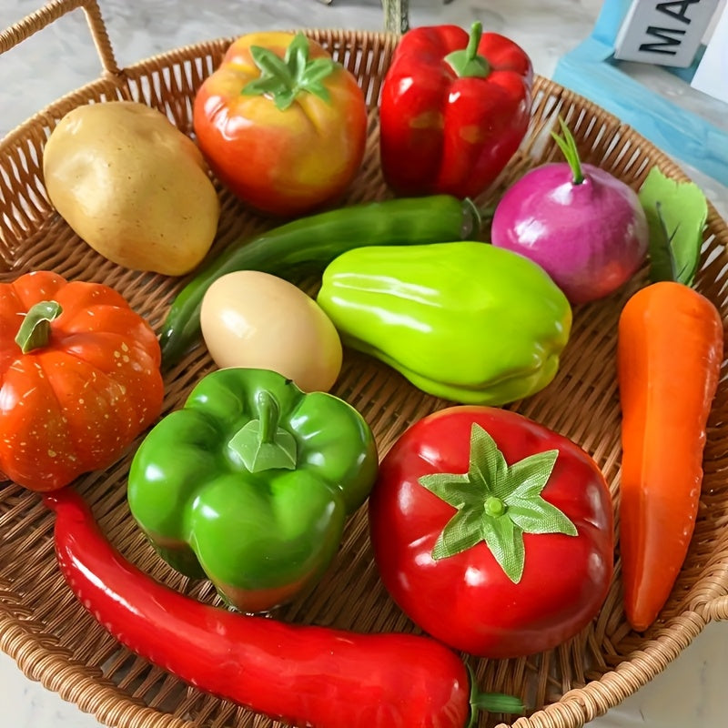 Juego de 12 Piezas de Frutas y Verduras Realistas, Tomates Artificiales, Pepinos, Calabazas, Zanahorias, Berenjenas, Adornos para Exhibición en Tienda o Hogar, Decoración de Mesa de Cocina y Gabinete con Fruta y Verdura