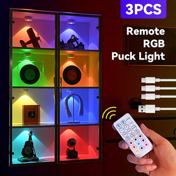 Luces redondas pequeñas de un paquete o tres, luces nocturnas cambiantes de color con control remoto, luces de gabinete recargables, pequeñas lámparas cambiantes de color dinámico.