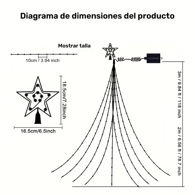 Luces de cadena con cascada de estrellas, 1 unidad, energía solar, 8 modos, ≤36V, plástico PPSU, batería de litio, para jardín, ventana, cortina, patio, árbol de Navidad, fiesta, hogar, boda, decoración navideña