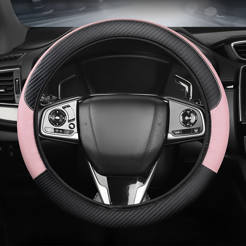 Funda de volante de cuero sintético de ajuste universal con diseño de malla y fibra de carbono - Transpirable, antideslizante, para todas las estaciones, sin anillo interior, se ajusta a la mayoría de los coches, correas de motocicleta | Funda de volante