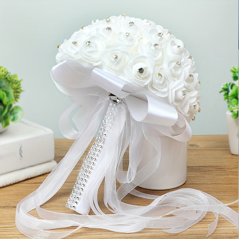 Ramo de novia artificial, rosas blancas de poliéster, sin pilas, ideal para bodas, San Valentín y compromisos