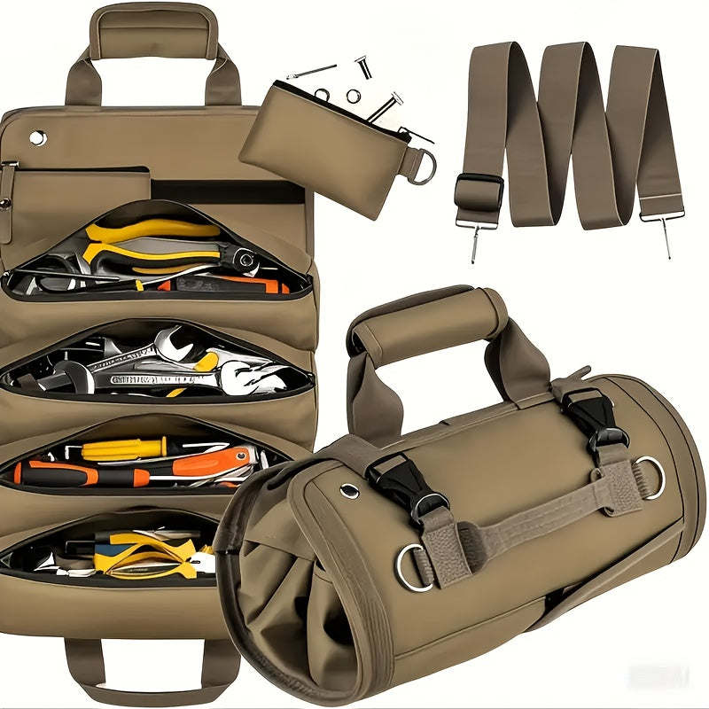 Bolsa de herramientas multiusos resistente - Caja de herramientas con cremallera amplia y múltiples compartimentos para camping, jardinería y entusiastas de bricolaje - Tela negra, lavable en máquina, equipo de camping y accesorios, almacenamiento organi