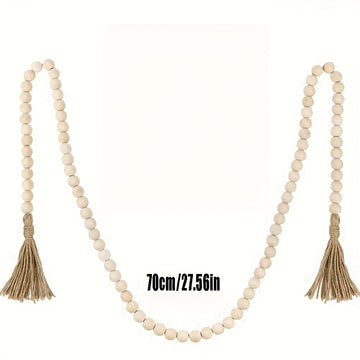 Guirnalda de cuentas de madera vintage con borlas de yute - 142cm Color madera natural, decoración para el hogar rústico para colgar o exhibir, estilo granja, no necesita electricidad, decoración de granja | Estética natural | Guirnalda de borlas de yute