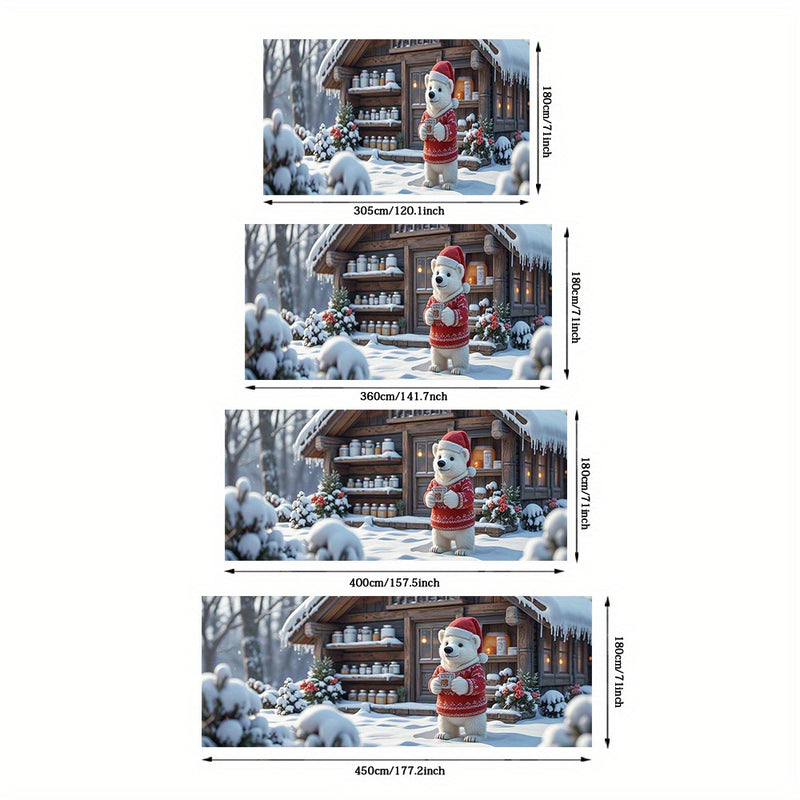 2D Banner de puerta, 1 pieza, Oso polar navideño festivo con banner de puerta de chocolate caliente - Poliéster, escena de cabaña nevada, ideal para decoraciones navideñas, bodas y celebraciones de jardín al aire libre, decoraciones navideñas