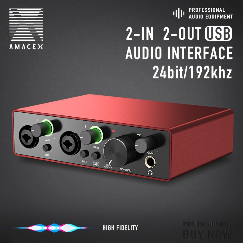Interfaz de Audio AMACEX X2 para Grabación en PC, Podcasting y Streaming - Plug & Play, Silenciosa, Alimentada por USB con Conector de Monitor de 6.5mm, Controles de Volumen, Ideal para Músicos y Creadores de Contenido, Roja