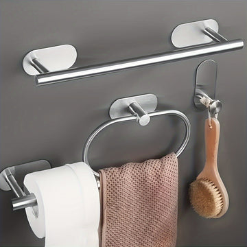 Juego de 4 Accesorios para Baño - Incluye Barra para Toallas, Porta Anillos, Soporte para Papel y Ganchos para Fácil Montaje en Pared, Accesorios de Baño