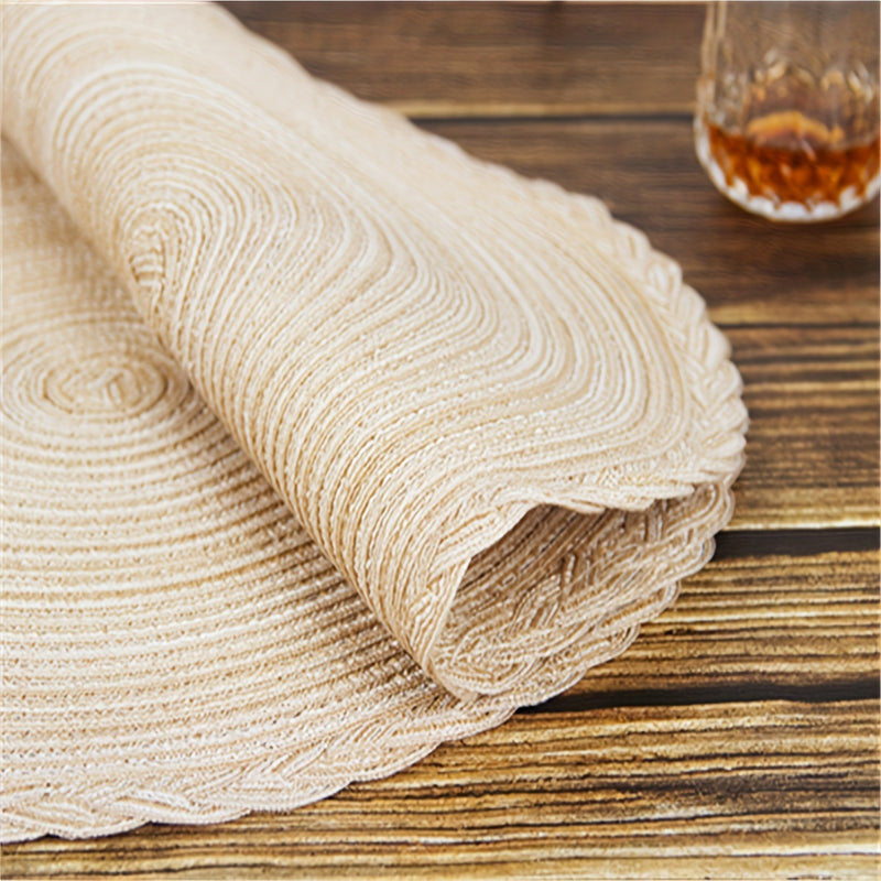 4 individuales redondos trenzados de poliéster - Solo lavado a mano, rayas beige y café, individuales resistentes para comedor, cocina o mesa de centro, individuales para mesa de cocina | Textura trenzada | Poliéster