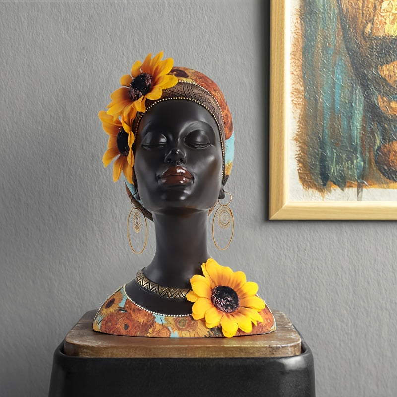 [Estatua Vintage de Mujer Tribal] Figura Vintage de 1 pza de Resina - Estatua de Mujer Negra con Tocado de Girasol - Decoración Exótica Tribal Africana - Ideal para Sala de Estar, Entrada, Vitrina de Vinos, Decoración Creativa para el Hogar