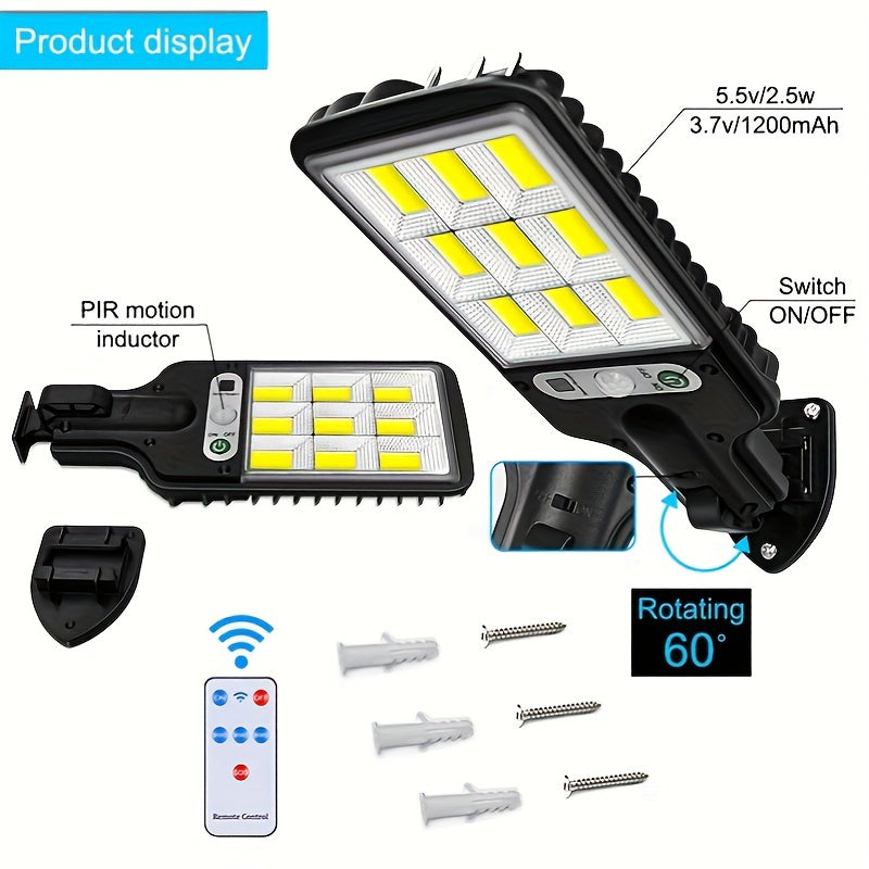 Lámparas solares exteriores: 1 lámpara solar con control remoto y sensor de movimiento, iluminación de 9 cuadrículas y ángulo amplio con LED COB de 6500K, interruptor automático, fácil instalación, ideal para garaje, porche, plaza e iluminación comercial