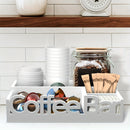 Organizador rústico de madera para barra de café, estación rectangular vintage para mostrador para accesorios, soporte para cápsulas y jarabe con tapa abatible no impermeable, decoración multiusos para barra de café estilo granja.