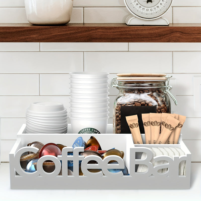 Organizador rústico de madera para barra de café, estación rectangular vintage para mostrador para accesorios, soporte para cápsulas y jarabe con tapa abatible no impermeable, decoración multiusos para barra de café estilo granja.