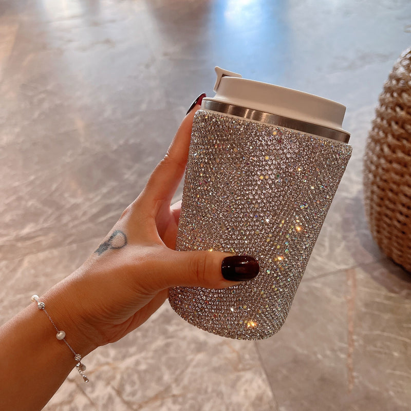 Taza de acero inoxidable aislante con incrustaciones de diamantes elegante - Ideal para oficina y hogar, apta para alimentos