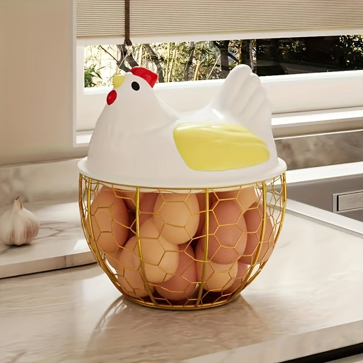 1 cesta de huevos estilo granja, no requiere energía, material duradero de plástico y hierro fundido, diseño blanco de pollo decorativo con pico y patas de colores, ideal para almacenamiento de cocina, soporte de huevos para refrigerador.