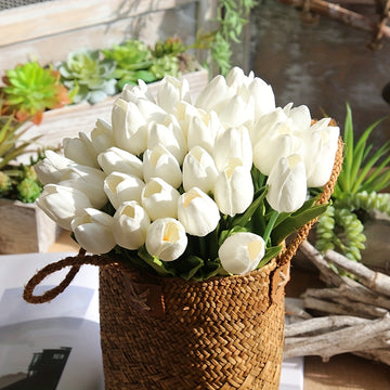 20 piezas de Tulipanes Artificiales Blancos Elegantes, con Hojas Verdes Luxuriantes, para Bodas, Compromisos, Decoración del Hogar