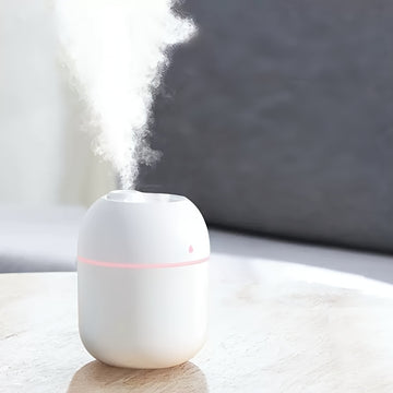Humidificador ultrasonico portátil mini - Diseño lindo de gotas de agua, neblina nano para escritorio de oficina y hogar, alimentado por USB, blanco con acento rosa, funcionamiento silencioso, amigable para viajes, humidificador de plantas