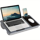 Escritorio portátil para oficina en casa, elegante en negro carbón, con repisa para dispositivos, almohadilla para mouse y soporte para teléfono, compatible con laptops de hasta 39.62 cm, organizador con cajón para almacenamiento en el hogar