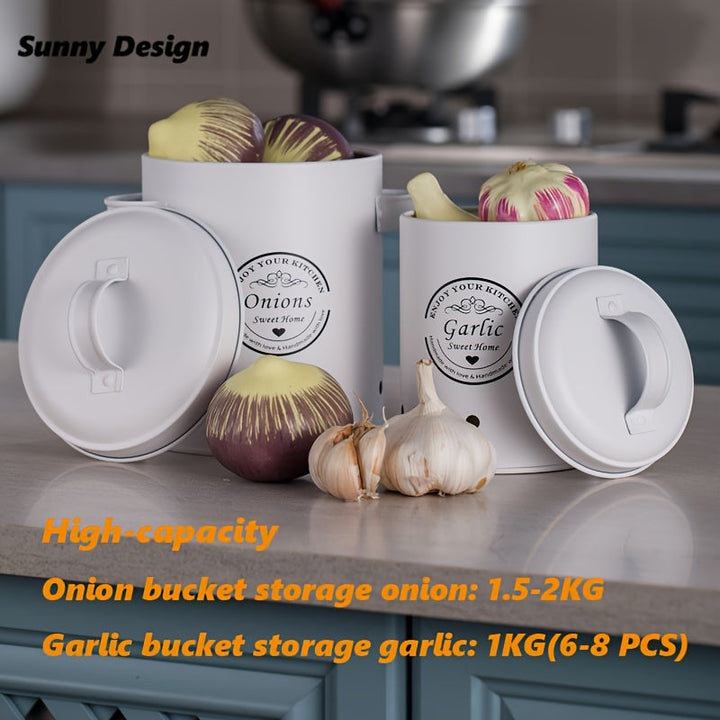 Un conjunto de 3 cubos de almacenamiento de metal para la conservación de verduras, adecuado para patatas, cebollas, ajo, caja de organización y almacenamiento de cocina duradera, blanco mate