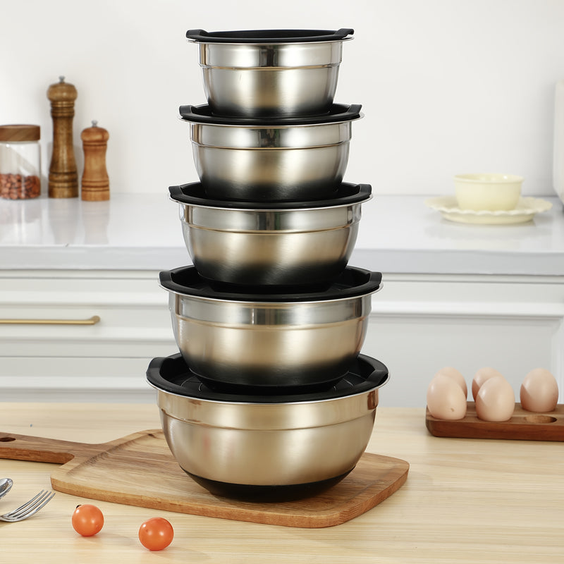 Juego de 5 tazones de acero inoxidable para cocina, diseño apilable que ahorra espacio, ideal para hornear, preparar, cocinar y servir