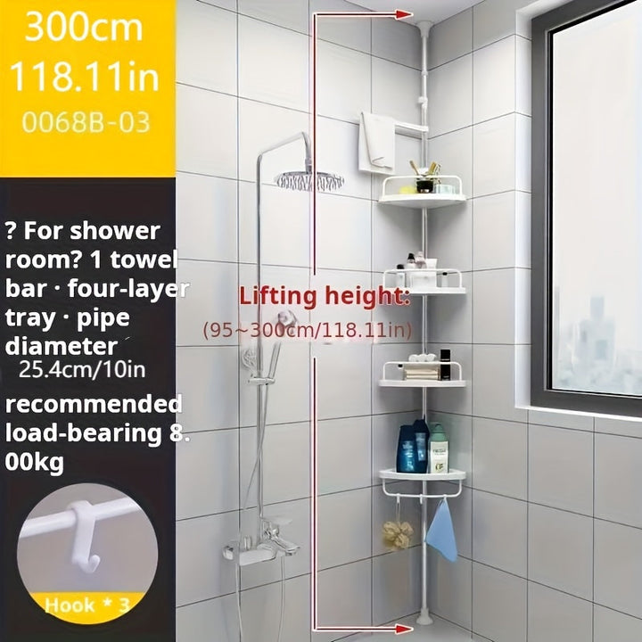 Estantería Retráctil de 4 Niveles para Esquina del Baño, Estante de Ducha con Bandeja Ajustable y Barra Giratoria para Toallas, Fácil Instalación Sin Taladrar, Organizador Montado en Pared para Accesorios y Suministros de Baño, Caddy de Ducha