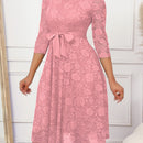 Vestido elegante con encaje floral, cinturón y dobladillo con volantes, cuello redondo y mangas 3/4, ideal para primavera y otoño, ropa de mujer