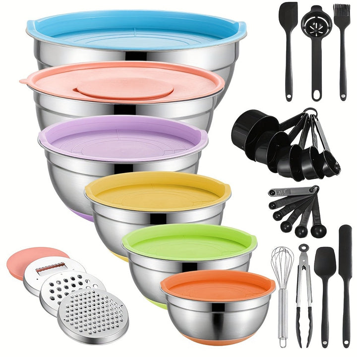 Juego de 22/32 tazones de acero inoxidable con tapa y rallador, anidables, antióxido, aptos para hornear, preparar, cocinar, mezclar ensaladas, servir alimentos, lavavajillas seguro, varios tamaños, ideal para Navidad, perfecto para Acción de Gracias