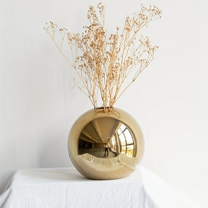 Jarrón Cerámico Estilo Europeo y Americano con Baño de Oro Electrolítico, Maceta Decorativa para Sala o Estudio, Adorno Floral Redondo para Bodas en Casa, Conjunto de Tres Piezas de Jarrones Cerámicos, Regalo de Inauguración para Amigos