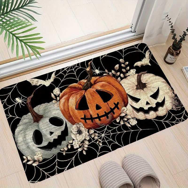 1pc Felpudo de Halloween de poliéster, diseño de telaraña de calabazas negras, felpudo decorativo de entrada espeluznante, respaldo de goma antideslizante para interiores/exteriores, rectangular, lavable a máquina, decoración de piso para el hogar y la c