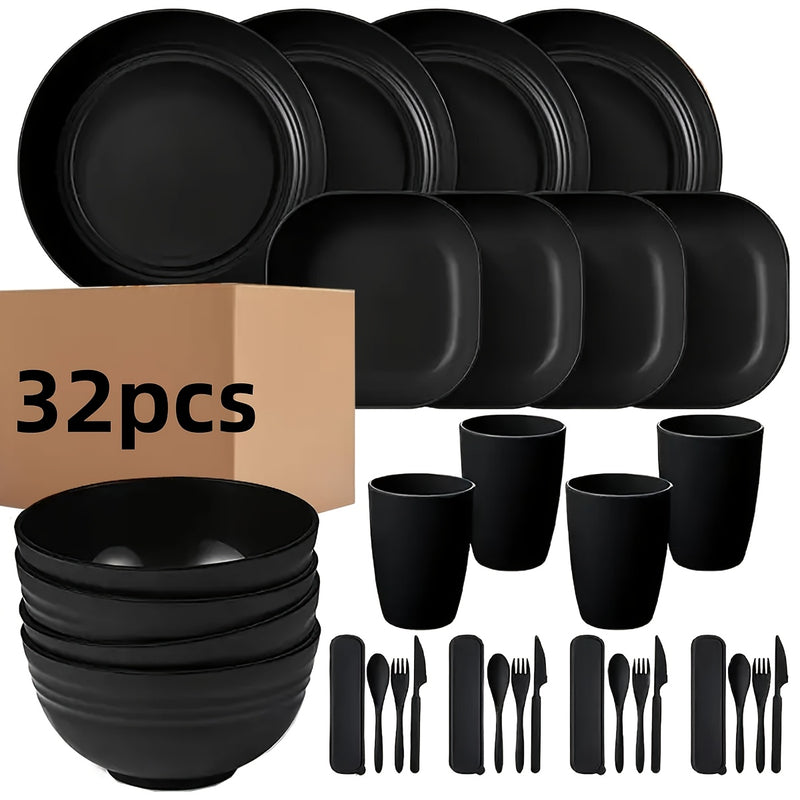 Juego de vajilla de plástico de 32 piezas, irrompible y liviano, para 4 personas: platos, tazones y tazas negros, con tenedores, cucharas y cuchillos, reutilizable, apto para microondas y lavavajillas, ideal para hogar, picnic o colección de vajilla temá