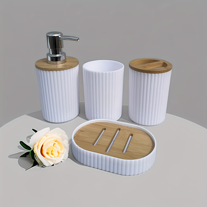 Juego de 4 piezas para baño con tapa de bambú, botella dispensadora al presionar, portacepillos, jabonera, esponja para jabón y soporte para accesorios