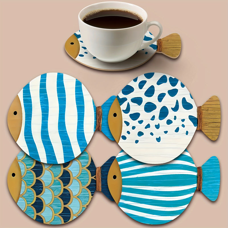 Juego de 4 Posavasos con Ilustraciones en Forma de Pez, Posavasos para Café, Posavasos de Madera, Tapete para Taza de Té, Posavasos Aislante del Calor, Esencial para Reuniones Familiares Festivas, Adecuado para Bares, Empresas, Hogares y Diversos Lugares