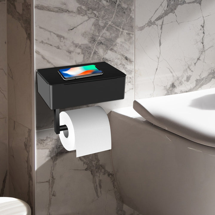 Soporte de Papel Higiénico de Acero Inoxidable con Estante y Dispensador de Toallitas - Montado en la Pared, Acabado Mate Negro para la Organización del Baño
