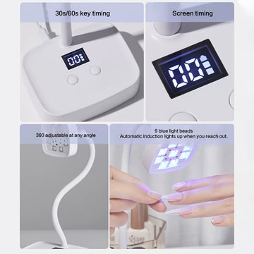 Linterna de Gel Recargable Inalámbrica - Temporizadores Dobles 30s/60s, Ángulo Ajustable 360° y Luces LED Azules para Uñas Rápidas, Portátil con Pantalla Digital USB, Linterna para Manicura en Casa o Salón, Cuerpo de Plástico Duradero