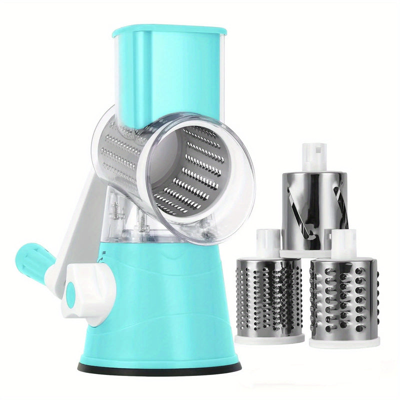 Rallador Rotativo para Queso y Cortador de Verduras - Mandolina de Cocina con 3 Cuchillas Intercambiables, Fácil de Limpiar para Frutas, Patatas, Zanahorias, Nueces